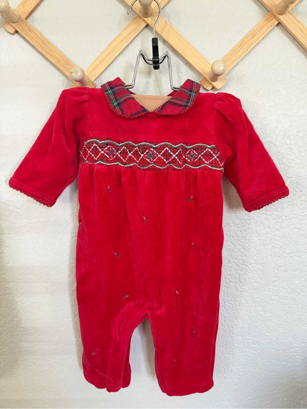 Vintage Y2K Little Me Red Velour Christmas Smocked Footless Sleeper 3M Baby